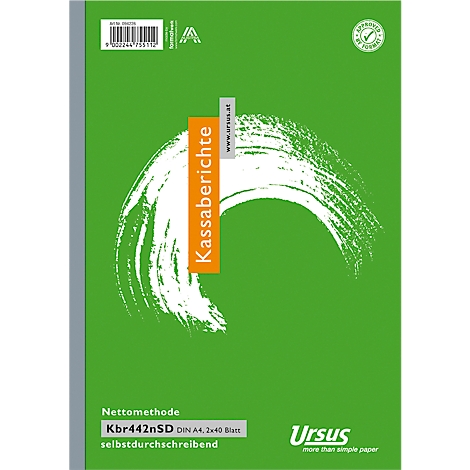 Grünes Notizbuch mit dem Wort 'Kassaberichte'. Unten steht 'Ursus'.