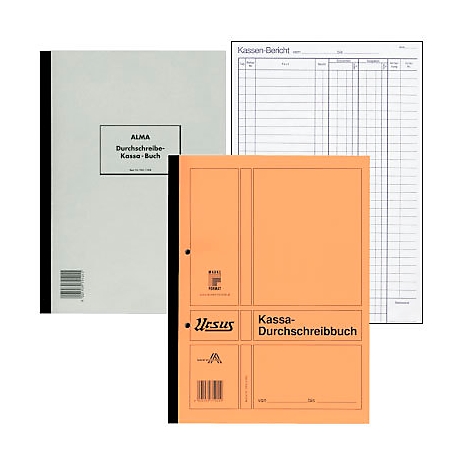 Drei Kassenbücher. Weißes Buch mit schwarzem Rand und Aufkleber. Orangefarbenes Buch mit schwarzem Rand. Blanko-Kassenbericht.