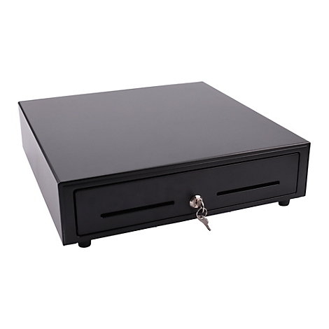 Schwarze Kasse, Schublade offen. Schlüssel steckt im Schloss.