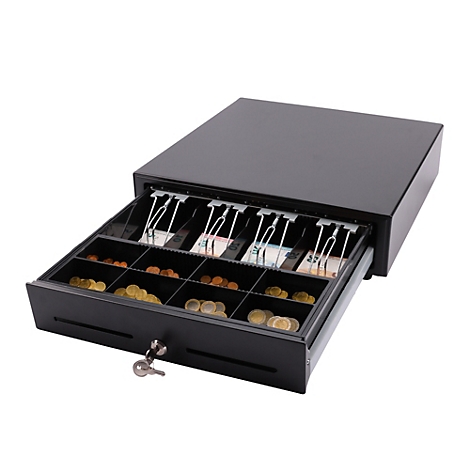 Schwarze Kassenschublade mit Schlüsselloch und Schlüssel, Frontalansicht.