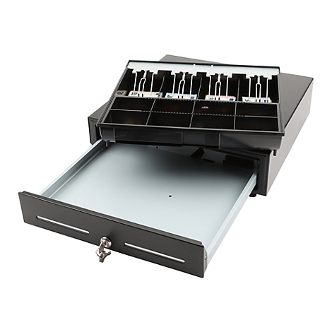 Schwarze Kassenschublade mit Schlüsselloch und zwei Schlitzen. Auf Füßen platziert.