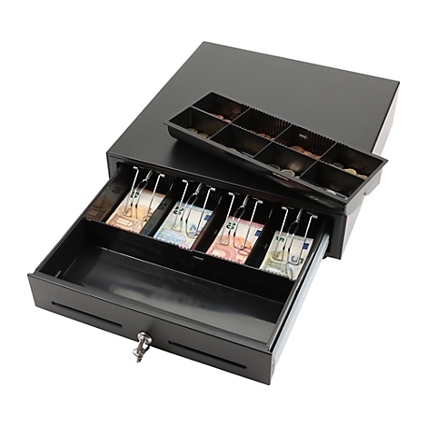 Schwarze Kasse, Schublade mit Geldscheinen, Münzbehälter daneben, Schlüssel im Schloss.