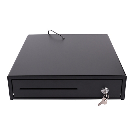 Eine schwarze Kassenschublade mit Schlüssel und Griff.