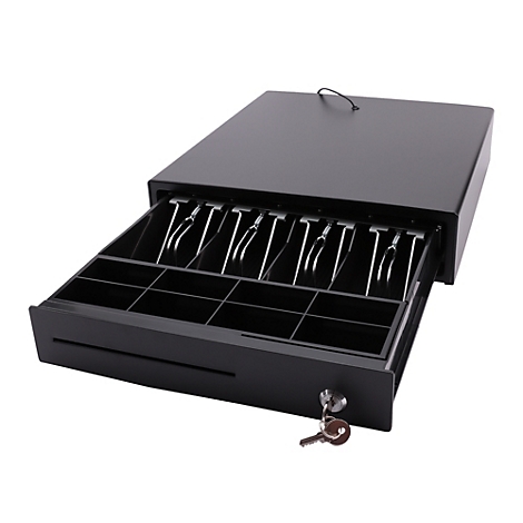 Schwarze Kasse, Schublade offen, silberne Halterungen für Scheine, Schlüssel steckt.