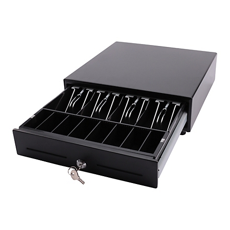 Schwarze Kassenschublade, geöffnet, mit Münzfächern und Schlüsselloch.