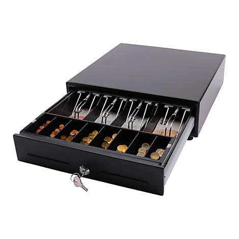 Schwarze Kasse, Schublade mit Schlüssel. Frontansicht, neutraler Hintergrund.