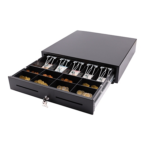 Schwarze Kassenschublade mit Schlüssel und zwei Einwurfschlitzen.