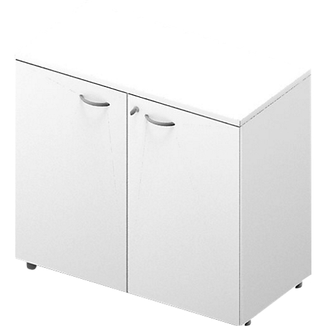Witte kast met twee deuren en gebogen handgrepen, op een grijze achtergrond.