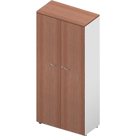 Een bruine houten kast met twee deuren en zilveren handgrepen. De rechterkant is wit.