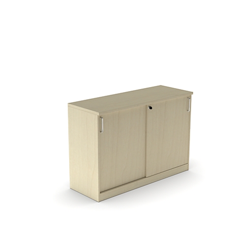 Beige kast met schuifdeuren tegen een witte achtergrond.