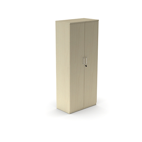 Beige kast met twee deuren, zilveren handgrepen en slot, tegen een witte achtergrond.