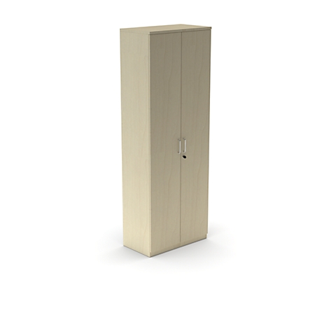 Hoge, beige kast met twee deuren, handgrepen en een sleutelgat op een witte achtergrond.