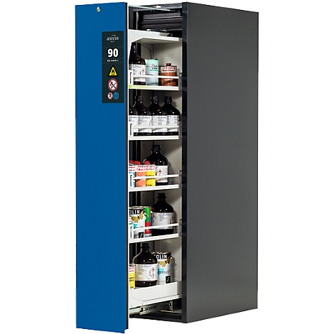 Een geopende blauwe kast met chemicaliën. De deur heeft 90. Waarschuwingssymbolen.