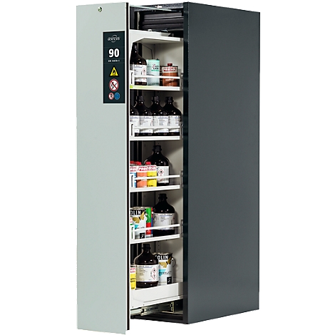 Chemische kast met open deuren, gevuld met flessen en containers. Inscriptie: 90.