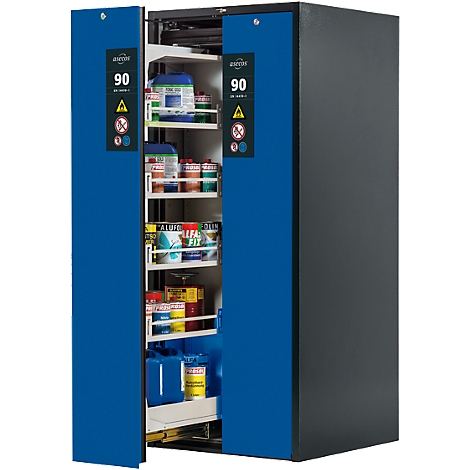 Een blauwe kast met open deuren, gevuld met diverse containers. Het nummer 90 is zichtbaar op de deuren.