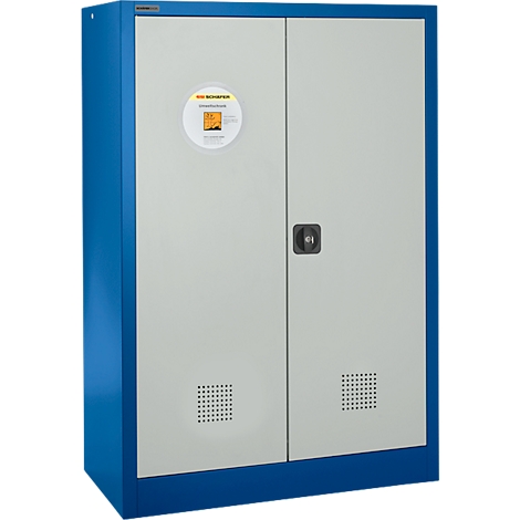 Blauwe kast met dubbele deuren en een ronde sticker.