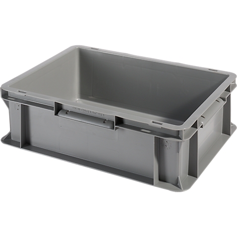 Graue Kunststoffbox, rechteckig, mit Griffen und Verstärkungen.