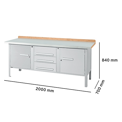 Werkbank mit Schubladen und Türen. Abmessungen: 2000 x 700 x 840 mm. Obere Arbeitsplatte aus Holz.