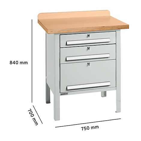 Werkbank mit Holzplatte, drei Schubladen, Masse: 840 mm hoch, 700 mm tief, 750 mm breit.