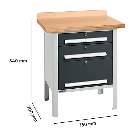 Werkbank mit Holzplatte, grauen Schubladen und silbernen Griffen, Masse: 840 x 700 x 750 mm.