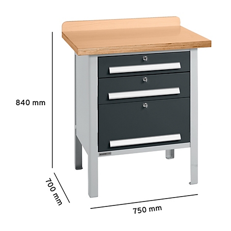 Werkbank mit Holzplatte, grauen Schubladen und silbernen Griffen, Masse: 840 mm hoch, 700 mm tief, 750 mm breit.
