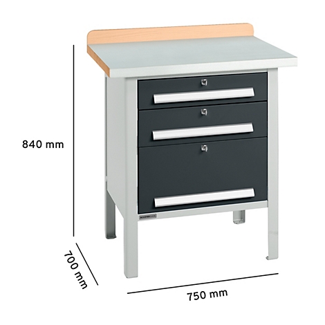 Werkbank mit grauen Schubladen und heller Arbeitsplatte, Dimensionen: 840 x 700 x 750 mm.