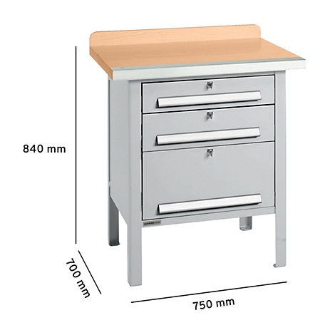 Werkbank mit Schubladen und Holzplatte. Masse: 840 mm hoch, 700 mm tief und 750 mm breit.