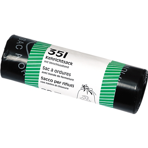 Eine gerollte schwarze Mülltüte mit grün-weissem Papierband. Auf dem Band steht in mehreren Sprachen "Kehrichtsack/Sac à ordures".