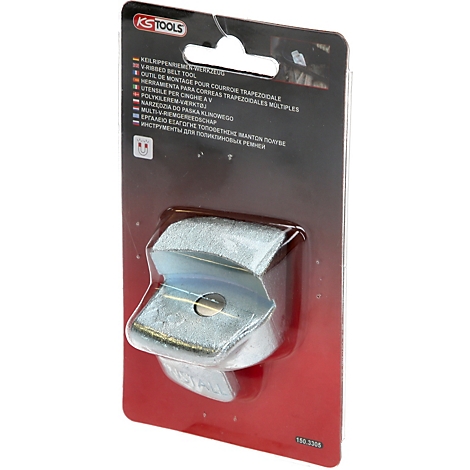 Werkzeug in Verpackung mit rotem Hintergrund. Im Fokus ist ein silbernes Werkzeug mit der Aufschrift KS TOOLS.