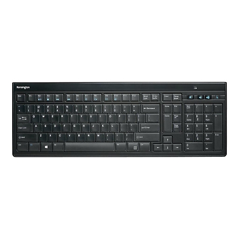 Schwarze Kensington-Tastatur auf weißem Hintergrund. Alle Tasten sind beschriftet, einschließlich Funktionstasten und Ziffernblock.