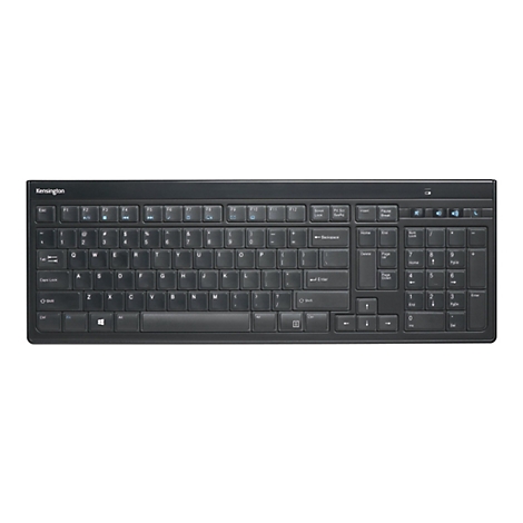 Schwarze Kensington-Tastatur auf weißem Hintergrund. Alle Tasten sind beschriftet, einschließlich Funktionstasten und Ziffernblock.