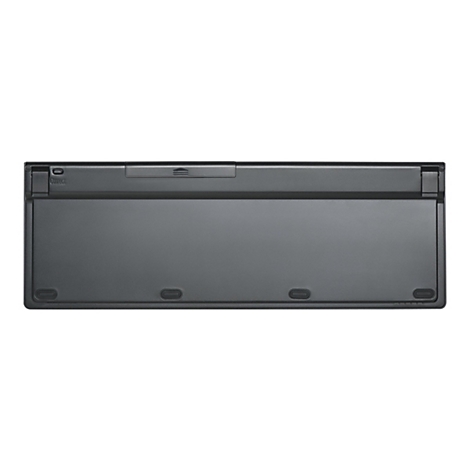 Dunkelgraue Tastaturunterseite. Sichtbar sind Aussparungen und der „Connect“-Schalter.