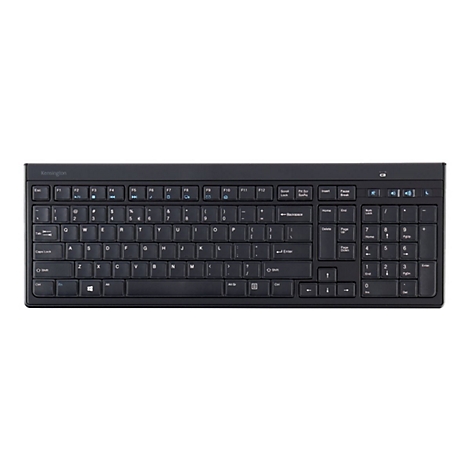 Schwarze Kensington Tastatur mit allen Buchstaben und Sonderzeichen vor weißem Hintergrund.