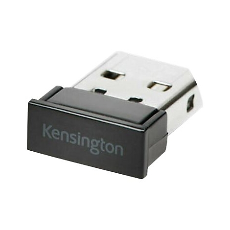 Ein schwarzer Kensington USB-Empfänger, silberfarbener USB-Stecker.