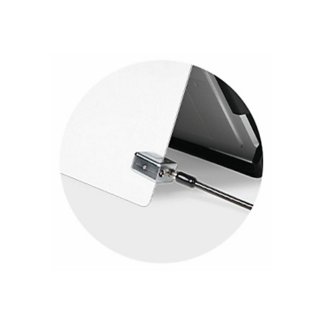 Detailaufnahme eines Metallschlosses mit Kabel, das an einem Bildschirm befestigt ist.