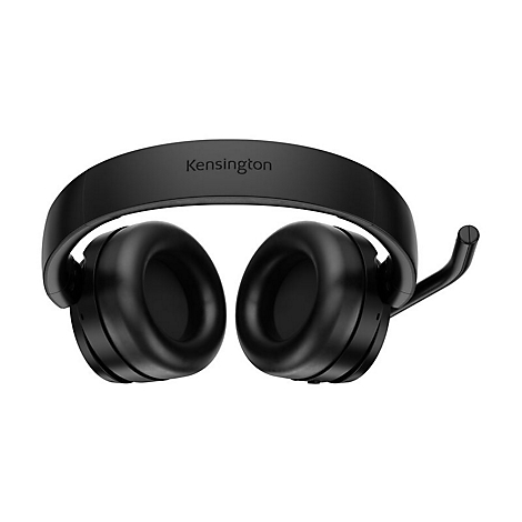 Schwarzes Kensington-Headset mit Ohrpolstern und Mikrofonarm vor weißem Hintergrund.