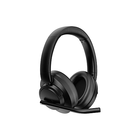 Schwarzes Over-Ear-Headset mit Mikrofonarm vor weißem Hintergrund.