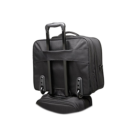 Schwarze Laptoptasche mit Rollen und ausziehbarem Griff. Detailansicht von hinten.