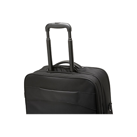 Schwarzer Trolley mit Teleskopgriff, Detailaufnahme.