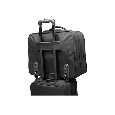 Schwarzer Koffer mit ausziehbarem Griff und Rollen.