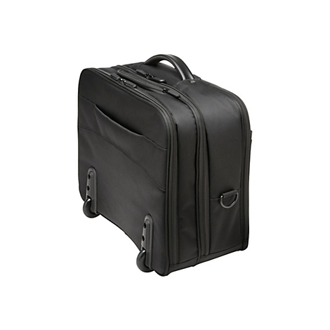 Schwarze, rechteckige Roll-Laptoptasche, Tragegriff, Außentasche, Räder.
