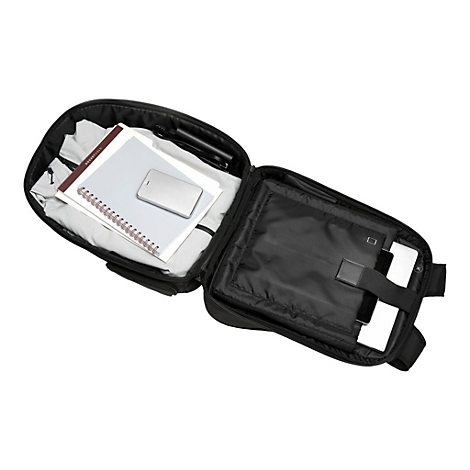 Schwarze Laptoptasche, offen, mit Tablet, Notizbuch, Stift, Handy.