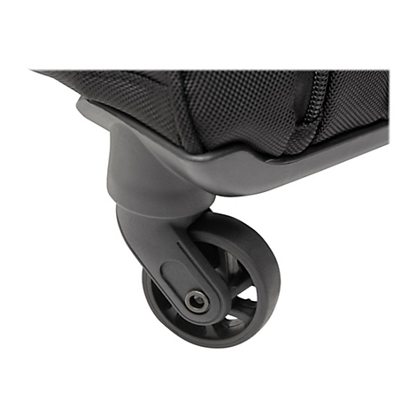 Nahaufnahme eines schwarzen Gepäckrads und Gehäuses vor weißem Hintergrund.