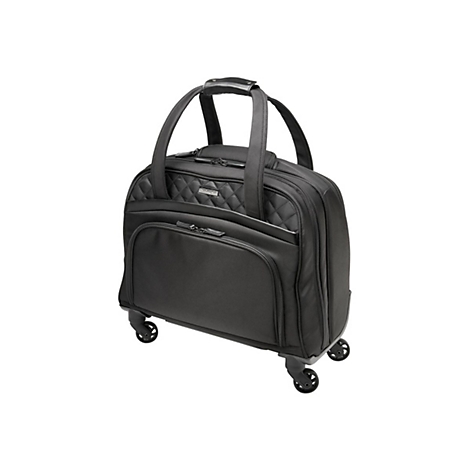 Schwarze, rollbare Reisetasche mit Tragegriffen und Reißverschlusstaschen. Auf weißem Hintergrund.