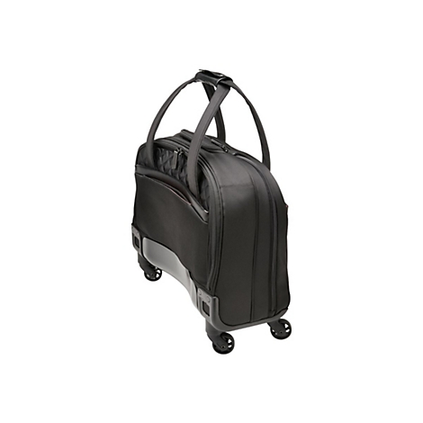 Schwarze, auf Rollen stehende Reisetasche mit Tragegriffen und Reißverschlüssen, auf hellem Hintergrund.