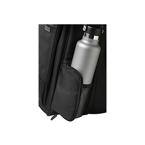 Detailaufnahme einer schwarzen Laptop-Tasche mit einer grauen Trinkflasche in der Außentasche.