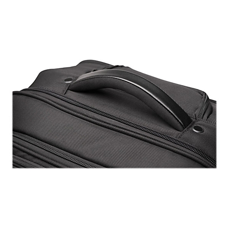 Nahaufnahme des schwarzen Griffs eines Gepäckstücks, Textiloberfläche mit Reißverschluss.