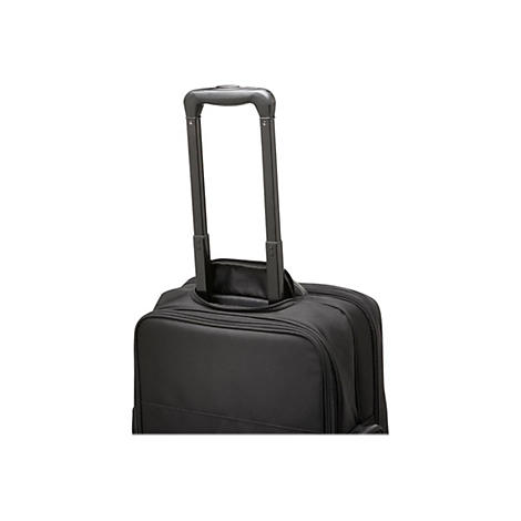 Schwarzer Koffer, hochgezogener Griff.