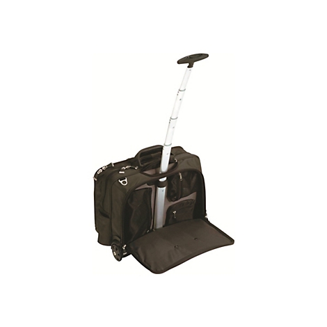 Schwarze Roll-Laptoptasche, offene Fächer, Teleskopgriff. Auf weißem Hintergrund.