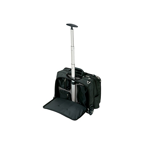 Schwarze Rollentasche, teilweise geöffnet, mit ausziehbarem Griff und Vordertaschen.